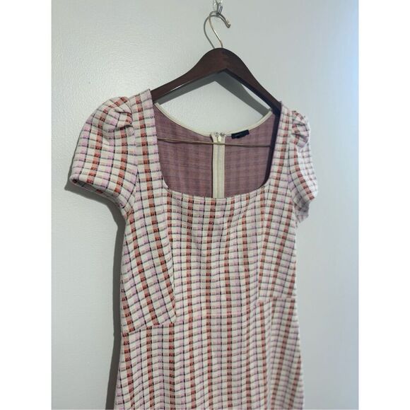 ANN TAYLOR Madras Plaid Puff Short Sleeve Flare Dress Pink Plaid Size 10 - Picture 2 of 9